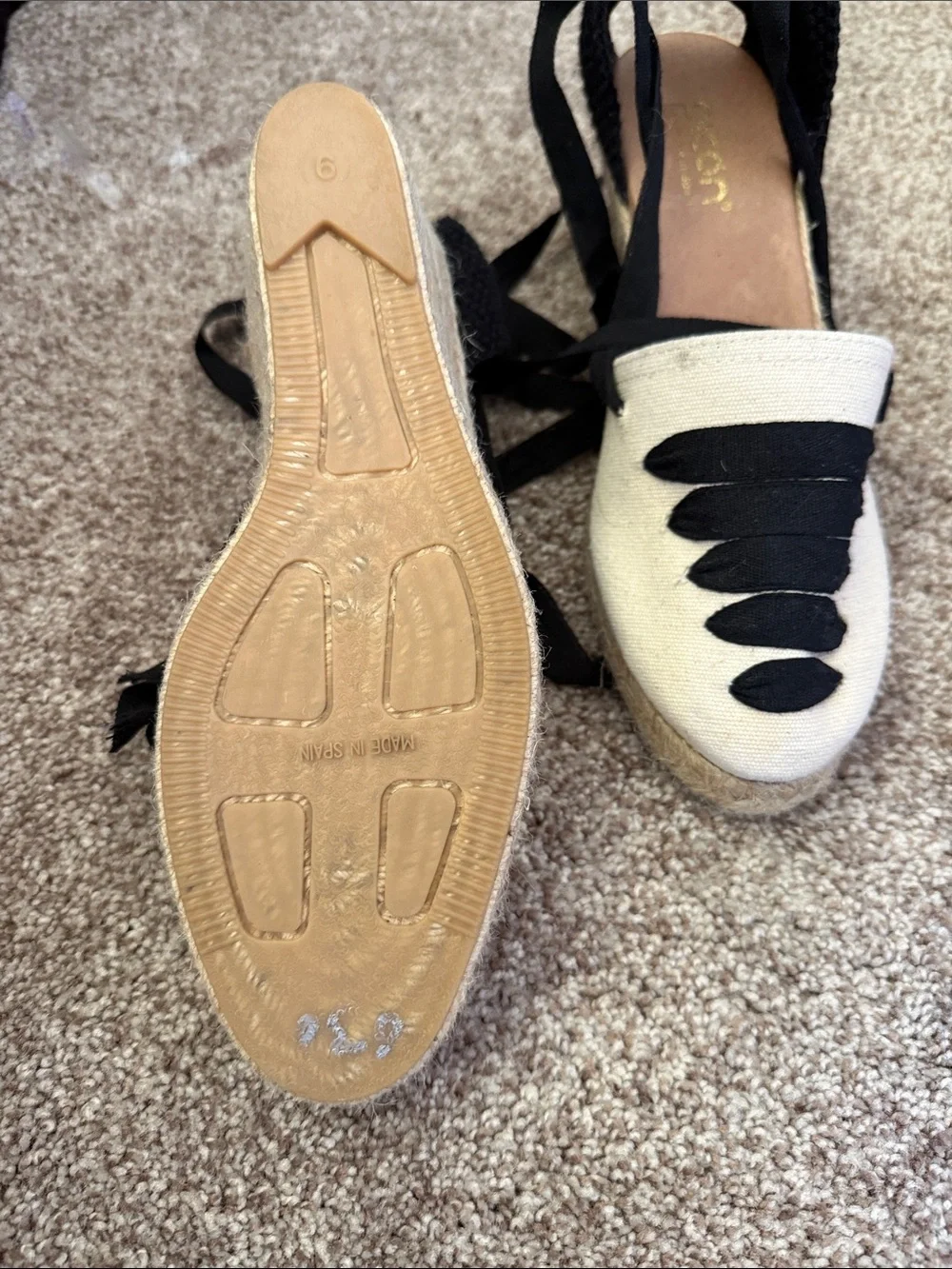 Canvas Espadrille Flats with Black Lace-Up Detail - Cream/Black
